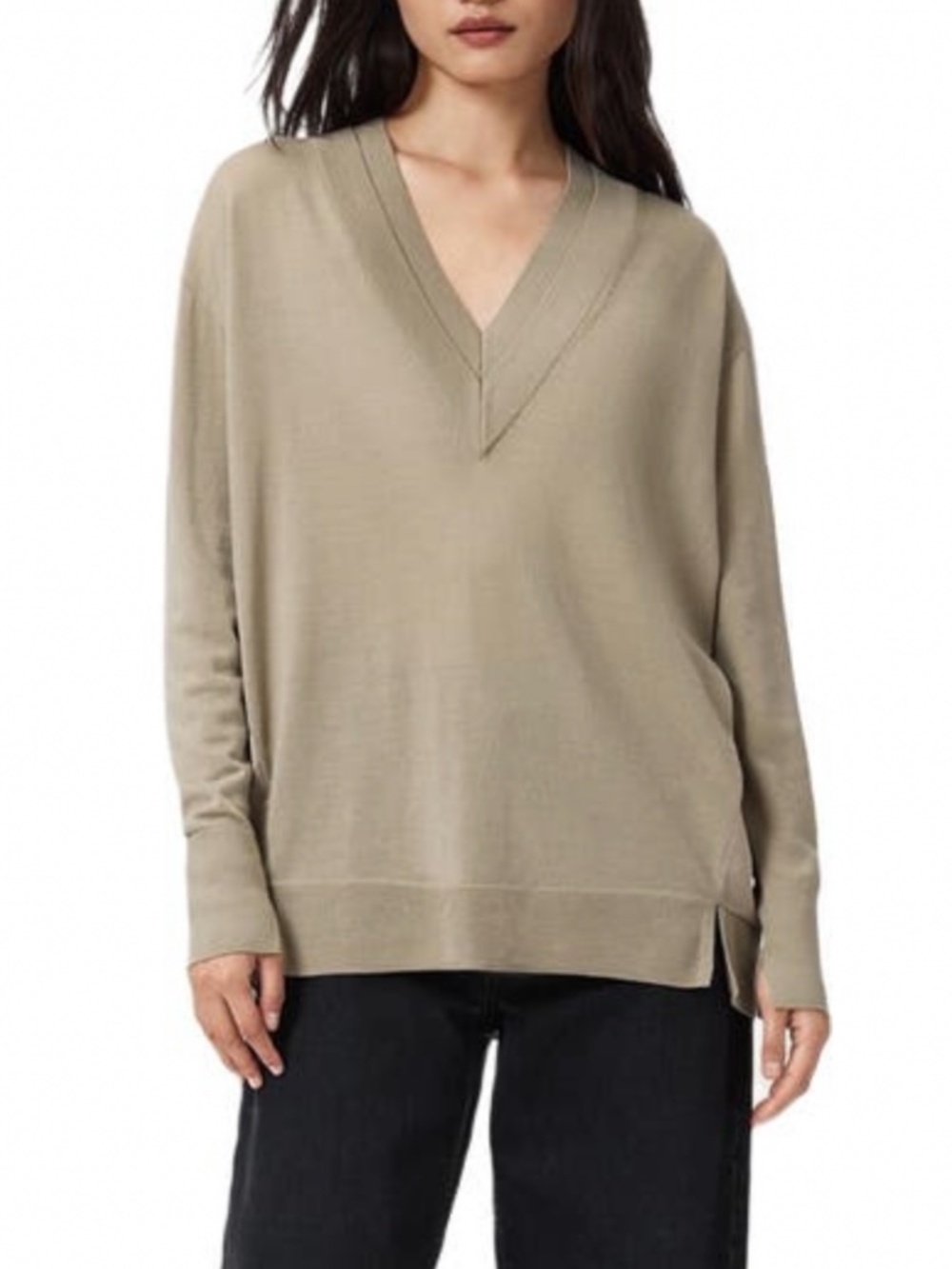 AllSaints Bern Paneled V-Neck Merino Wool Long Sleeve Sweater Taupe Grey SZ M